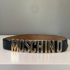 Vintage MOSCHINO black leather belt with gold letters